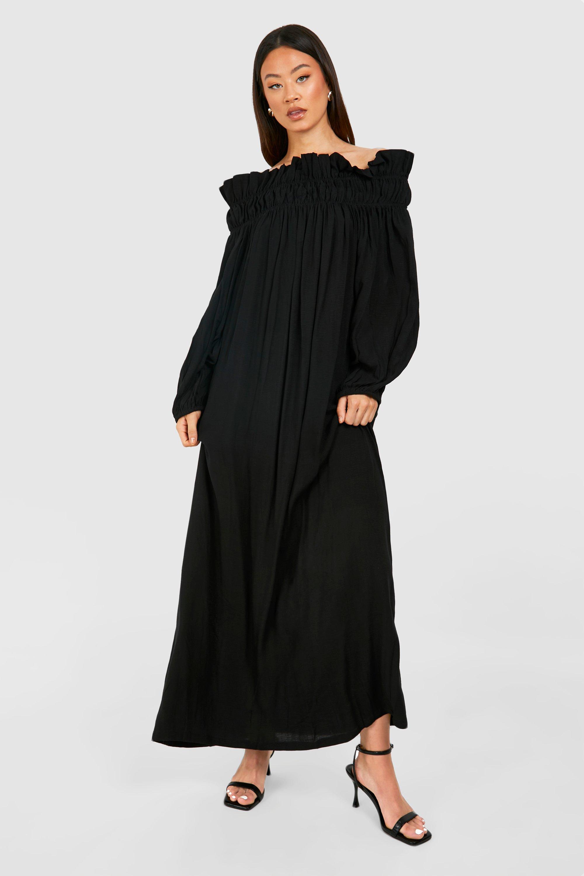 Boohoo Tall Shirred Bardot Maxi Dress, Black