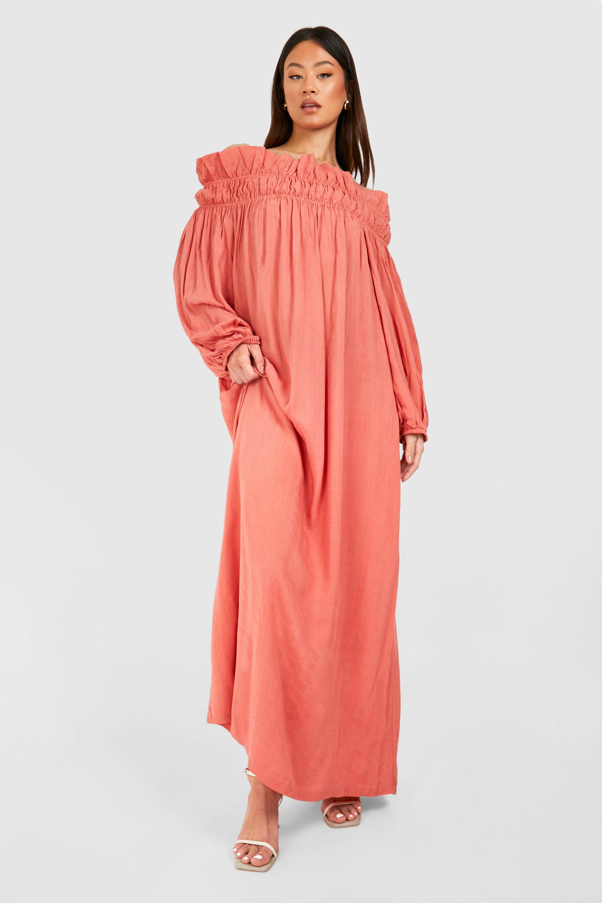 Boohoo Tall Shirred Bardot Maxi Dress, Dusty Pink