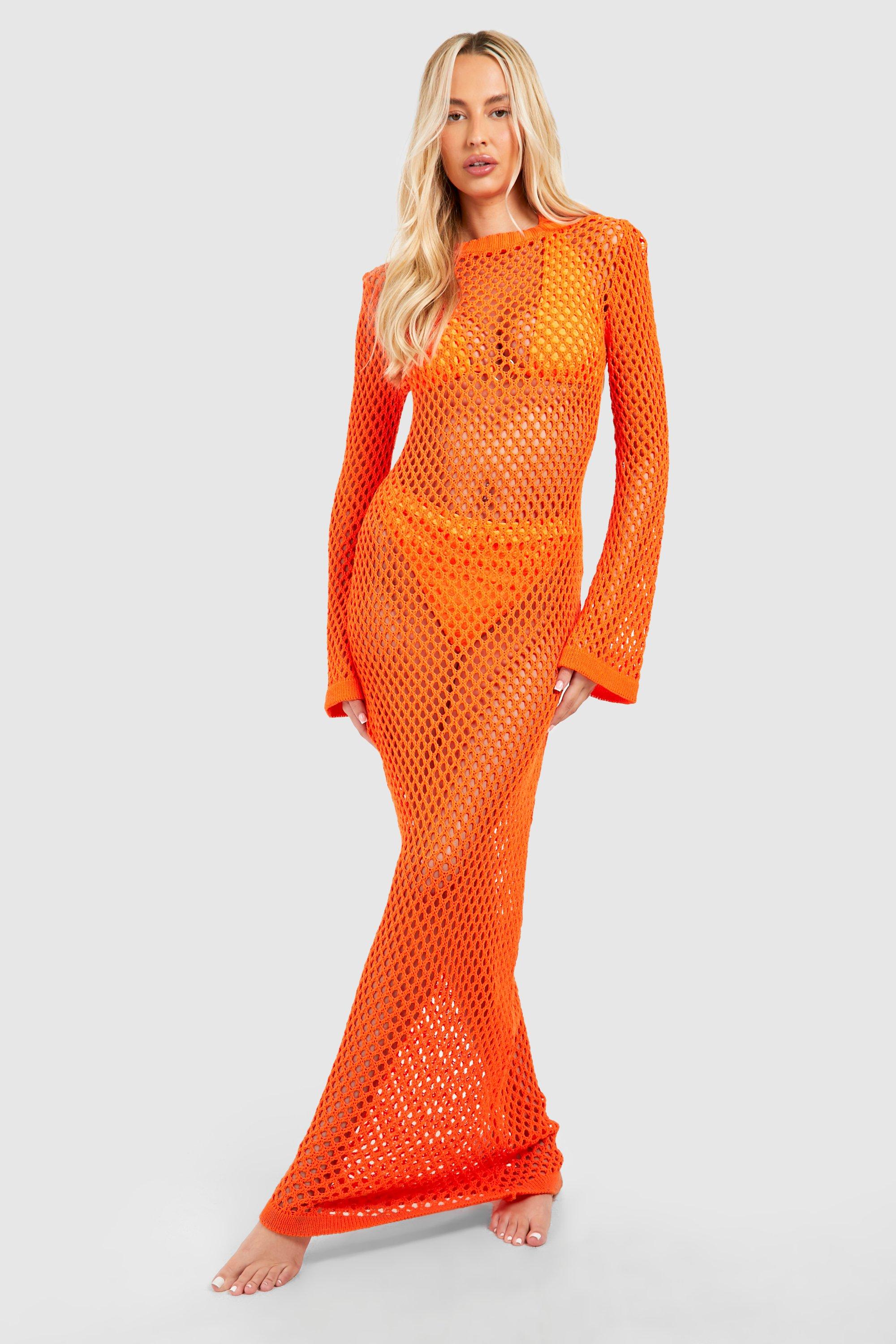Boohoo Tall Crochet Scoop Back Maxi Dress, Orange