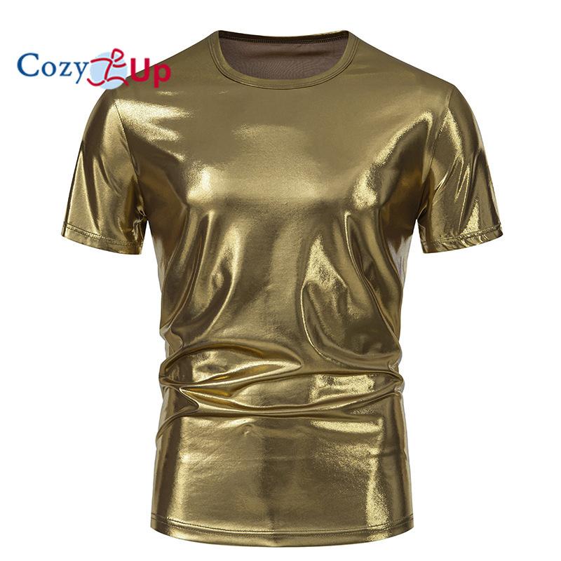 Cozy  Up Cozy Up Men Shiny Leather T-Shirt, Glossy PVC Leather, Short Sleeve, Shiny Latex Coat for Male