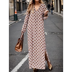 Light in the box Dames Casual jurk Satijnen Jurk Geometrisch Splitsen Afdrukken V-hals Maxi-jurk Streetwear Modern Buiten Dagelijks Lange mouw Zomer Lente