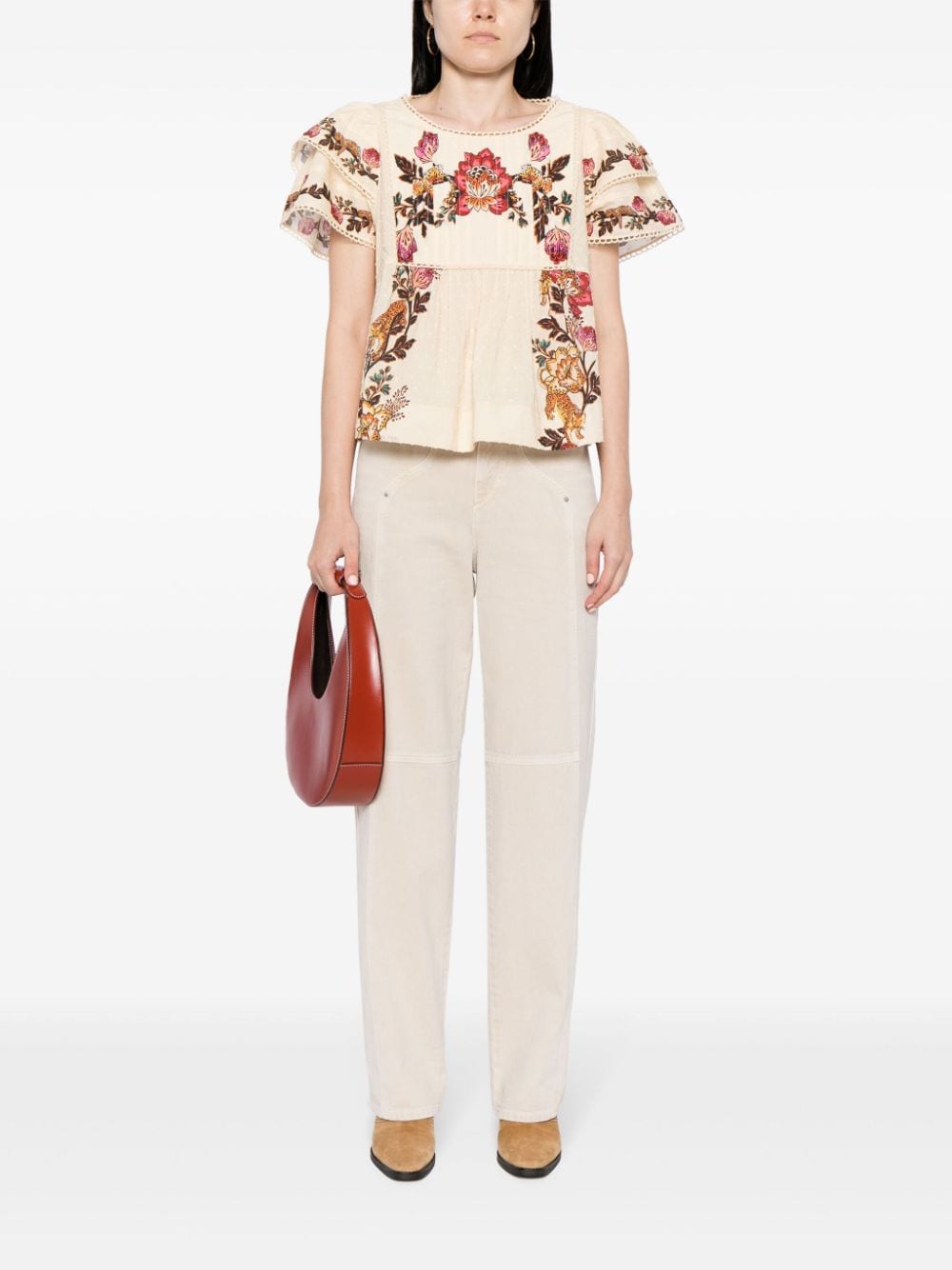 FARM Rio floral-print cotton pleated blouse - Beige