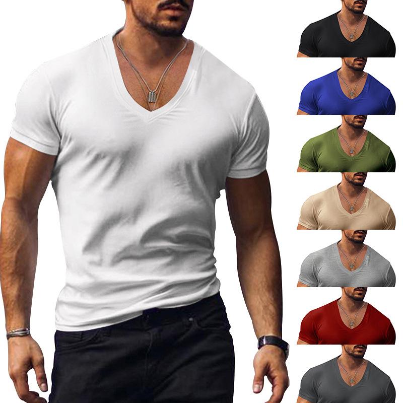 Source universe Heren T-shirt zomer mannen V-hals effen kleur slanke stijl casual T-shirt top met korte mouwen