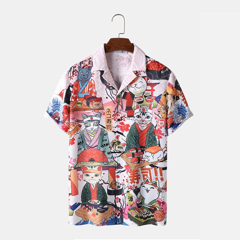 Men Apparel Men Summer Japanese Style Cat Print Short Sleeves Shirts T-shirts