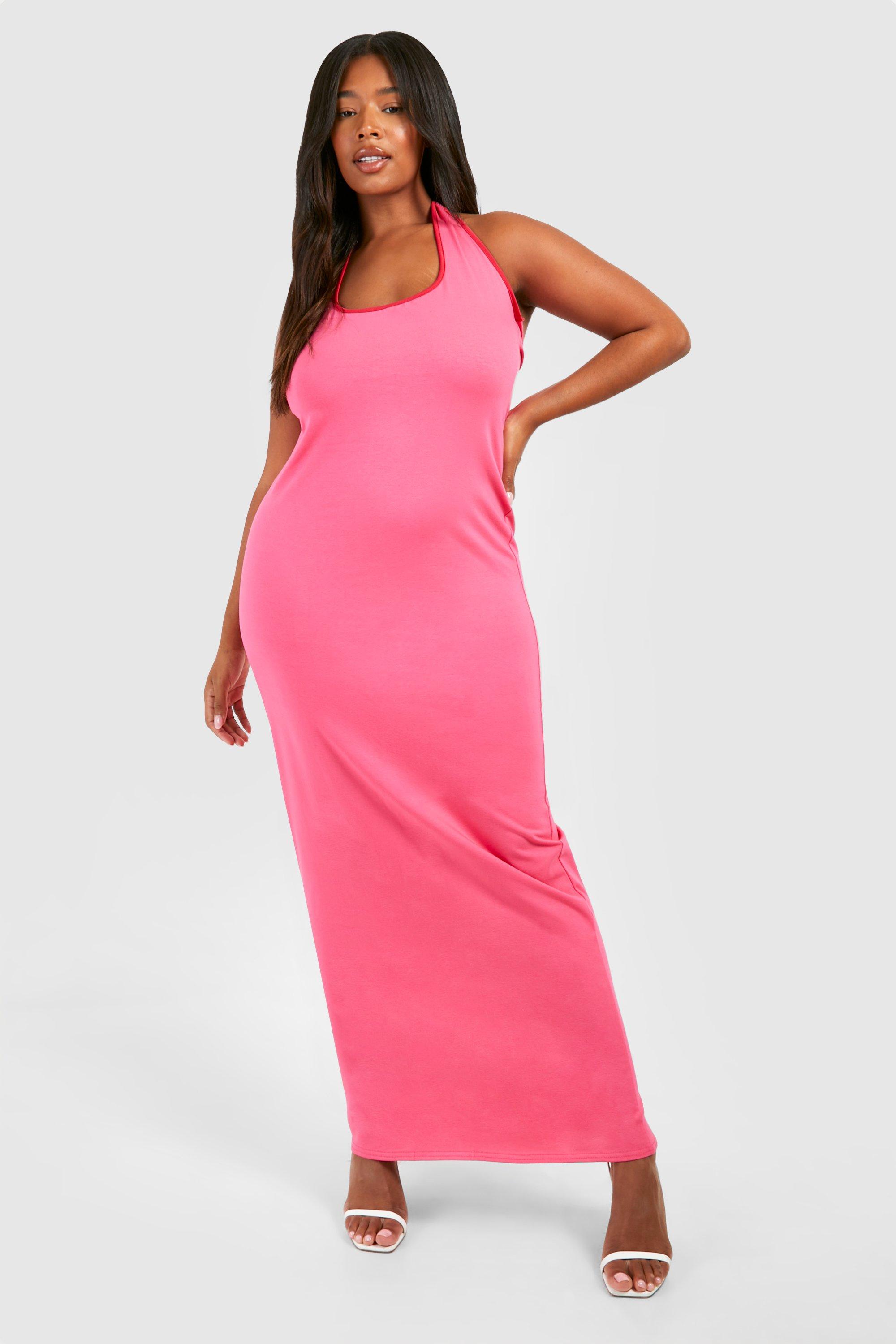 Boohoo Plus Cotton Elastance Halterneck Contrast Maxi Dress, Hot Pink