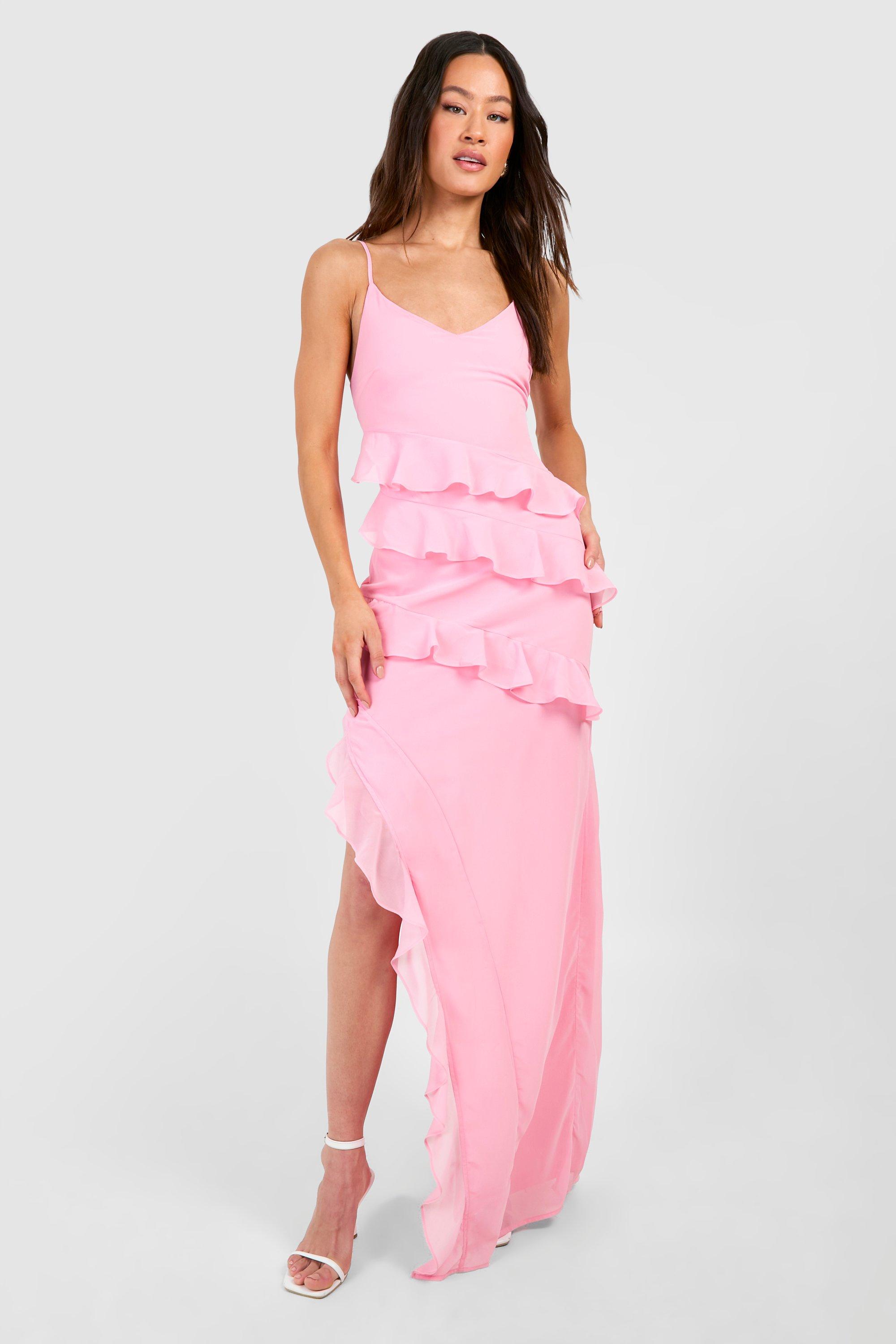 Boohoo Tall Chiffon Ruffle Asymmetric Hem Maxi Dress, Light Pink