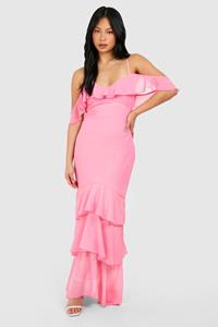 Boohoo Petite Cold Shoulder Ruffle Hem Chiffon Maxi Dress, Pink