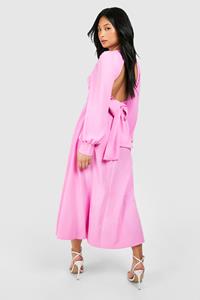 Boohoo Petite Tie Back Volume Sleeve Satin Maxi Dress, Pink