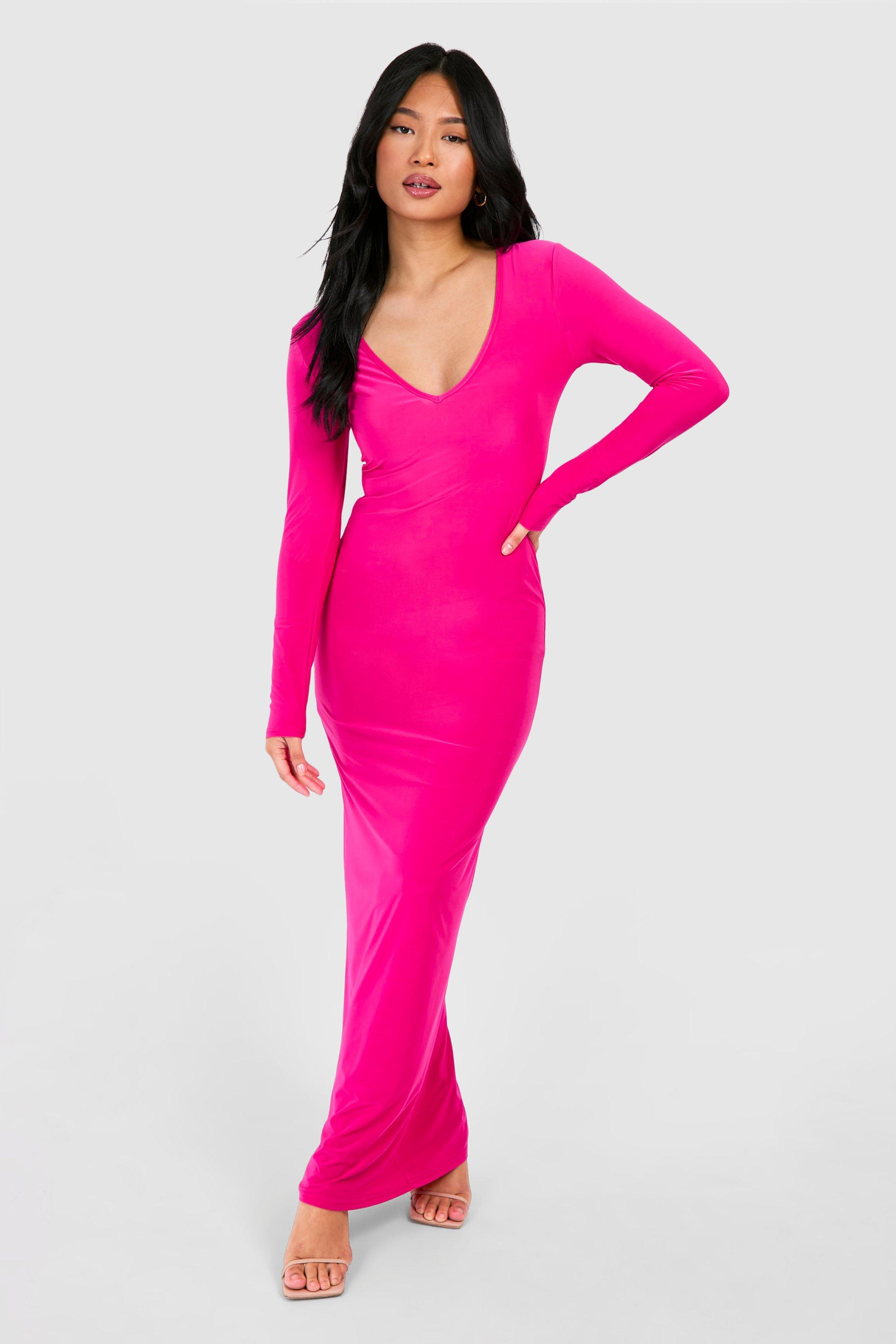 Boohoo Petite Plunge Neck Slinky Maxi Dress, Hot Pink
