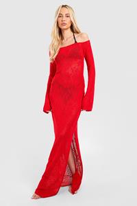 Boohoo Tall Bardot Floral Crochet Maxi Dress, Red