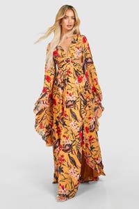 Boohoo Tropical Floral Chiffon Print Cut Out Maxi Dress, Orange