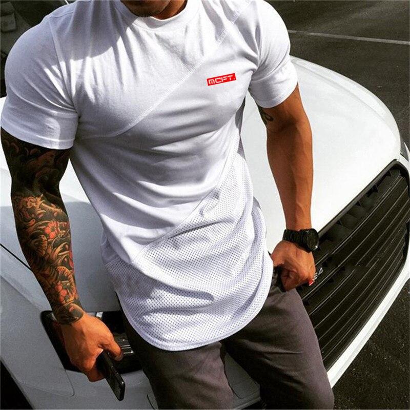 Muscleguys Printed Men's Youthful Tops Patchwork Cotton&Mesh Short-sleeve Fitness Bodybuilding T-shirt Breathable Fashion Gym Clothes