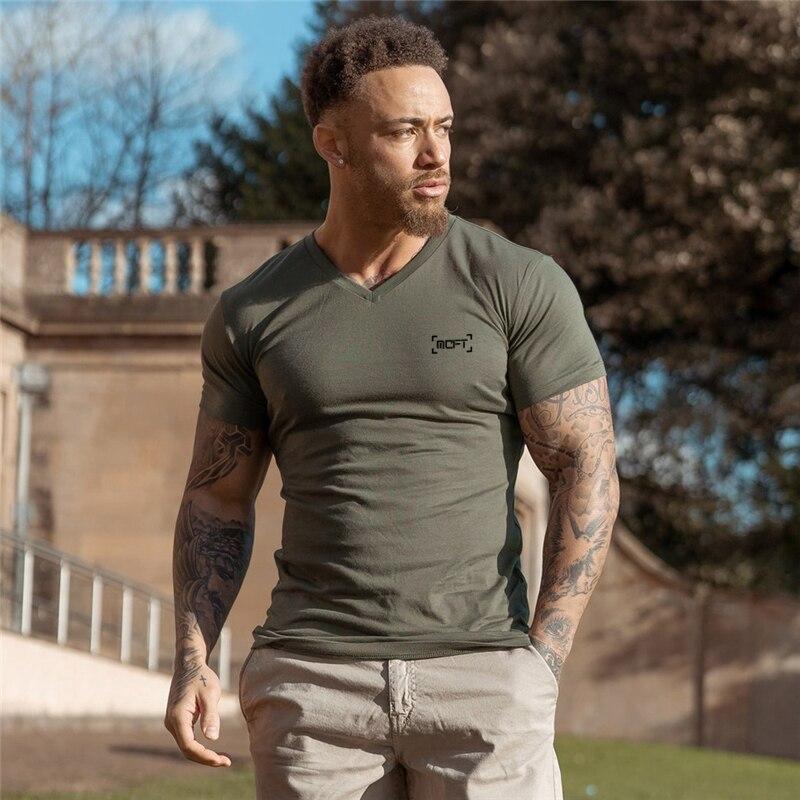Muscleguys Summer Men’s casual fashion all-match T Shirts Cotton V-neck printed Short-sleeve Bodybuilding fitness tops best seller