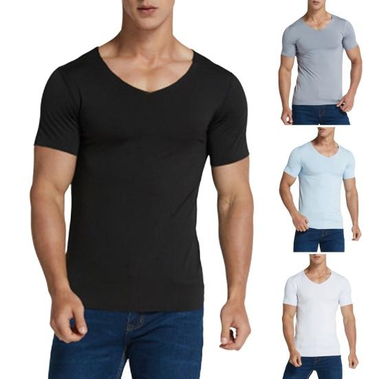 Songmeijuan Men Summer T-shirt Solid Color Seamless Ice Silk V Neck Short Sleeves Soft Breathable Pullover Sports Business Casual Men Office Top