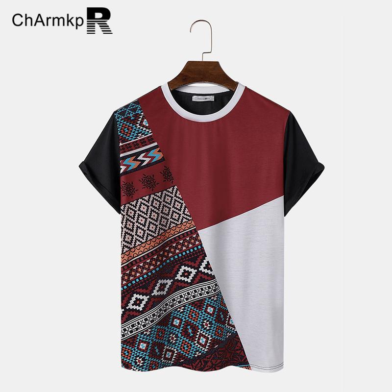 ChArmkpR Men Ethnic Print Color Block Patchwork Short Sleeve Tops