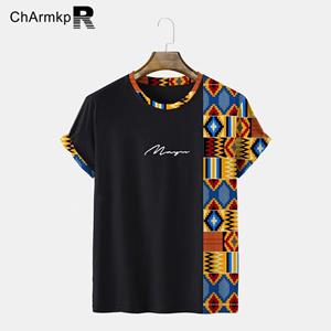 ChArmkpR Men Ethnic Geometric Print Patchwork Summer Short Sleeve Tops