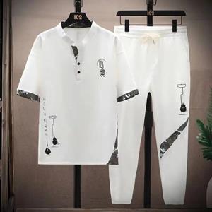 Danmo (Shirt + Trousers)summer Short Sleeve Mens Shirt Print Pattern Men's Casual Elastic Waist Shirts Men Two-piece Suit