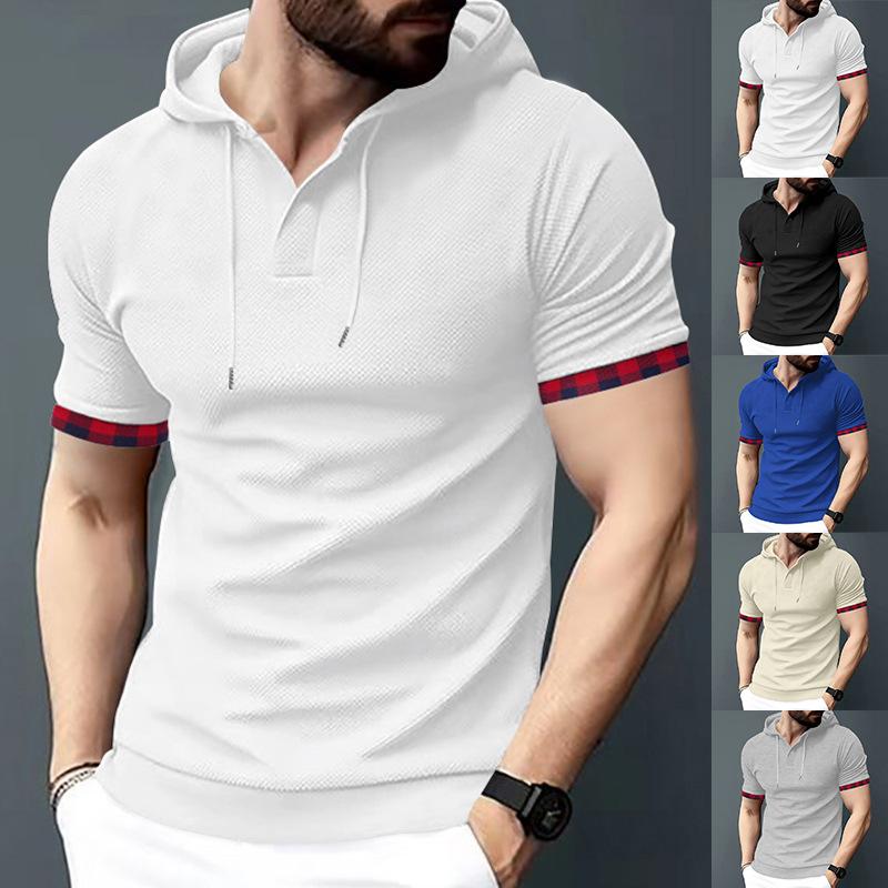 HerSight Men's Spring Summer Leisure Sports T Shirt Solid Sportswear Top Men Short Sleeve T-shirts Large Size Waffle Hooded Pullover