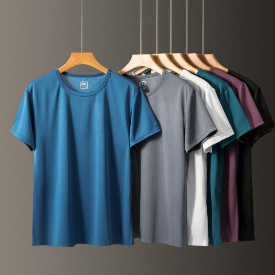 Tianhangyuan Men Summer T-shirt Short Sleeves Solid Color Loose Casual Breathable Soft Mid Length Pullover Elastic Men Daily Top