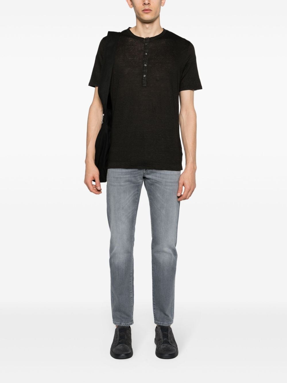 120% Lino buttoned linen T-shirt - Zwart