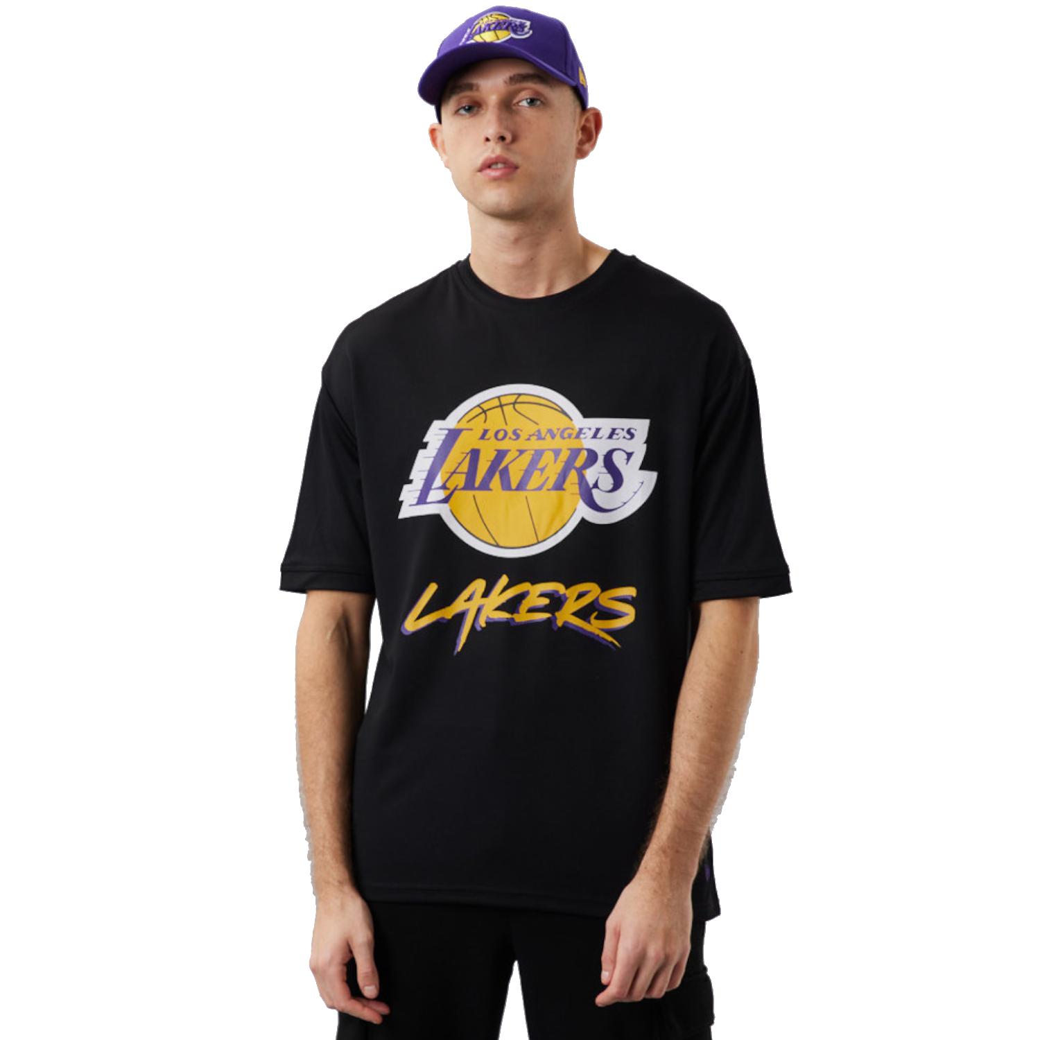 New era NBA Los Angeles Lakers Script Mesh Tee, Heren zwart T-shirt