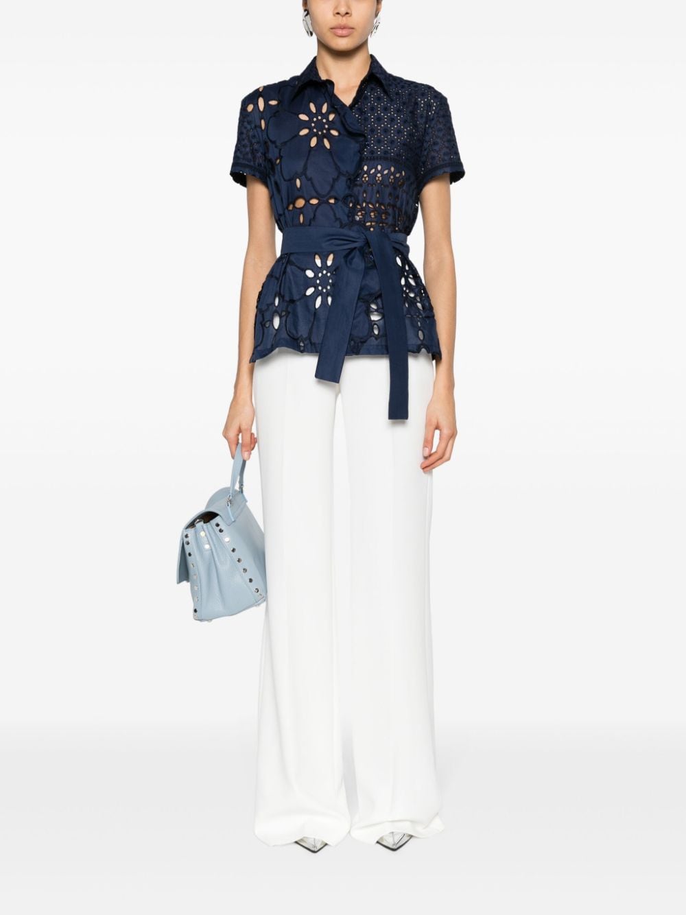 Ermanno Scervino broderie-anglaise belted blouse - Blauw
