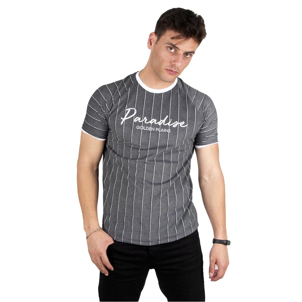 DeepSea Men's Stripe Patterned T-Shirt with Ribbed Sleeves and Printed Front 2302300