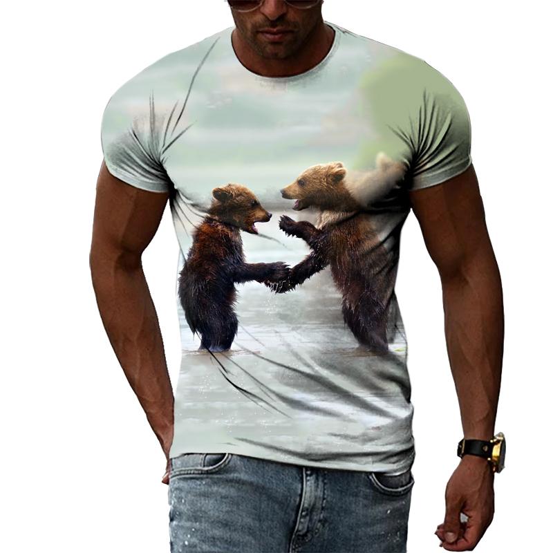 ETST 03 Zomermode Creatief Beeld Heren T-shirt Ronde Kraag Korte Mouw Tops Panda Dier Ijsbeer Precious World Leopard King