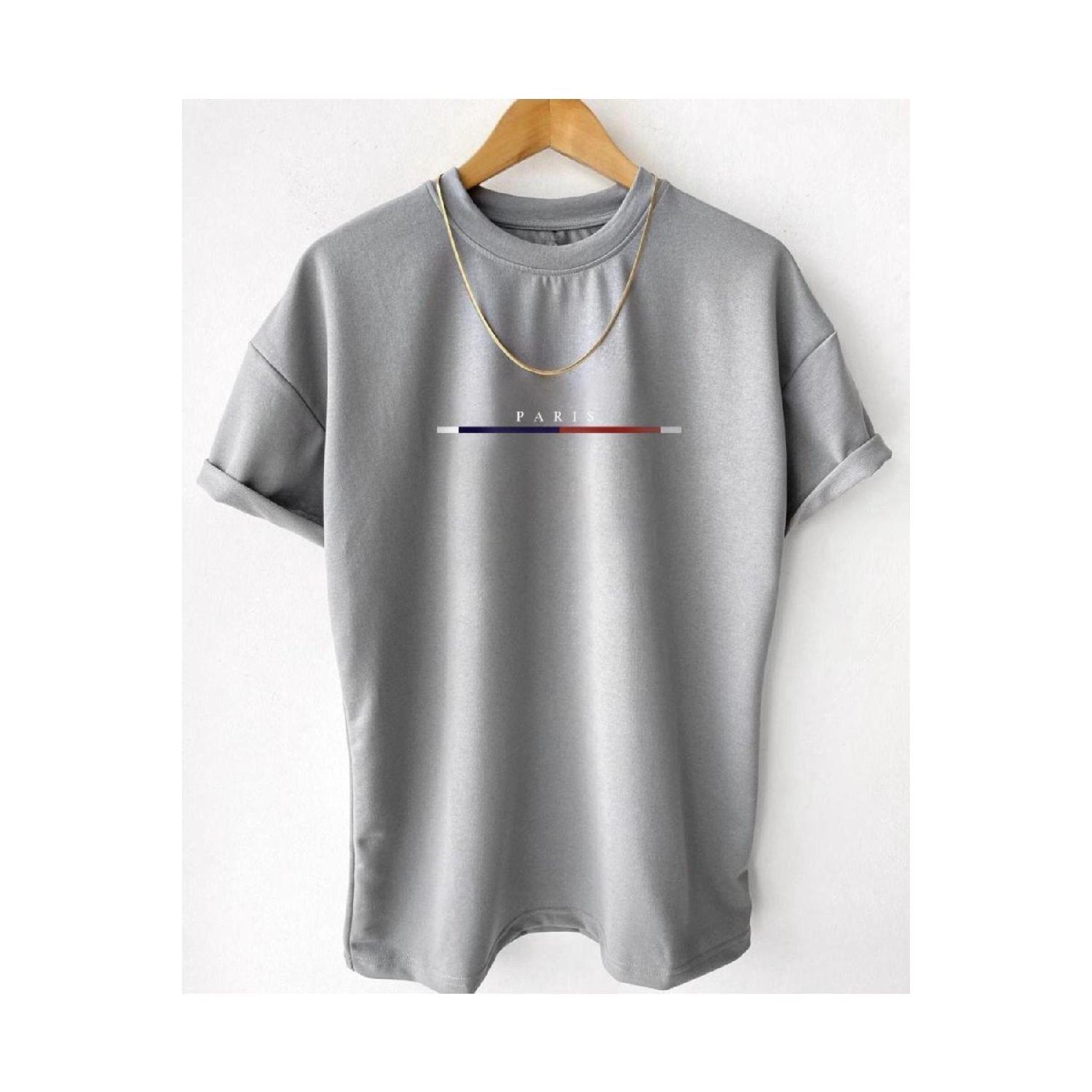 Santra Sports Wear Men's Gray Chest Slim Striped Paris Printed Oversize Crew Neck T-shirt