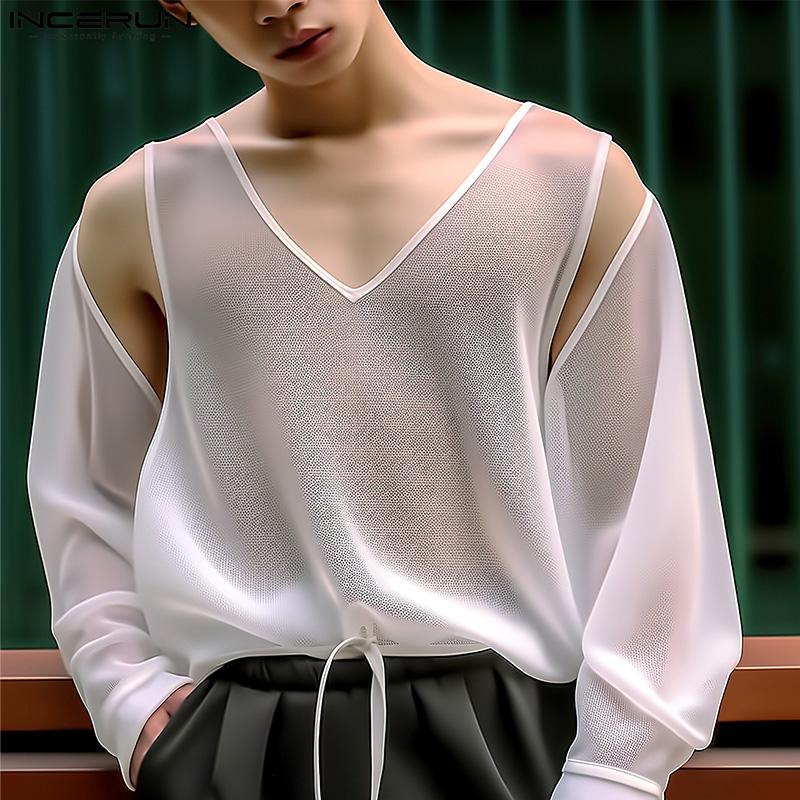 INCERUN Summer Men Cut Out Sleeve See Through Party Transparent Tops
