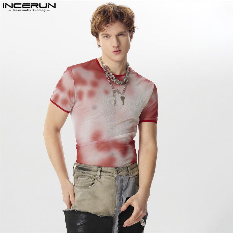 INCERUN Men Summer Short Sleeve Gradient Fishnet Muscle See Through T Shirts