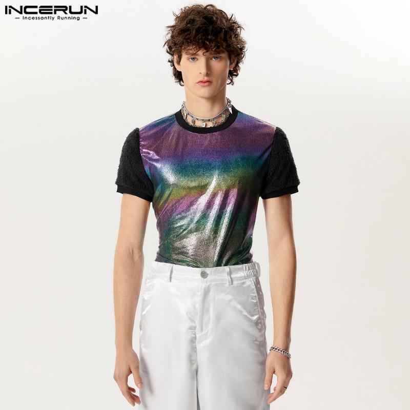 INCERUN Men Summer Furry Sleeve Patchwork Shinny Party T Shirts