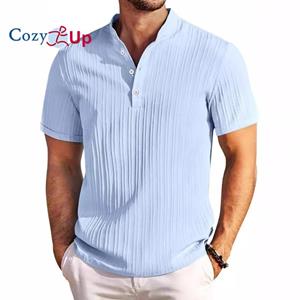 Cozy  Up Cozy Up Men's Retro Cotton and Linen Solid Color Striped Henley Shirt Casual Loose Short-sleeved V-neck T-shirt