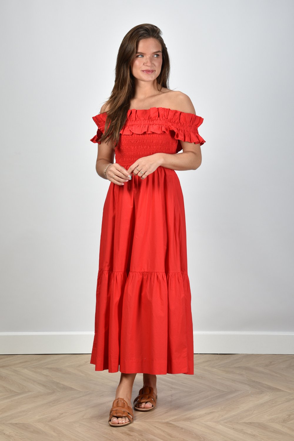 Ganni jurk F9002 met ruffles rood