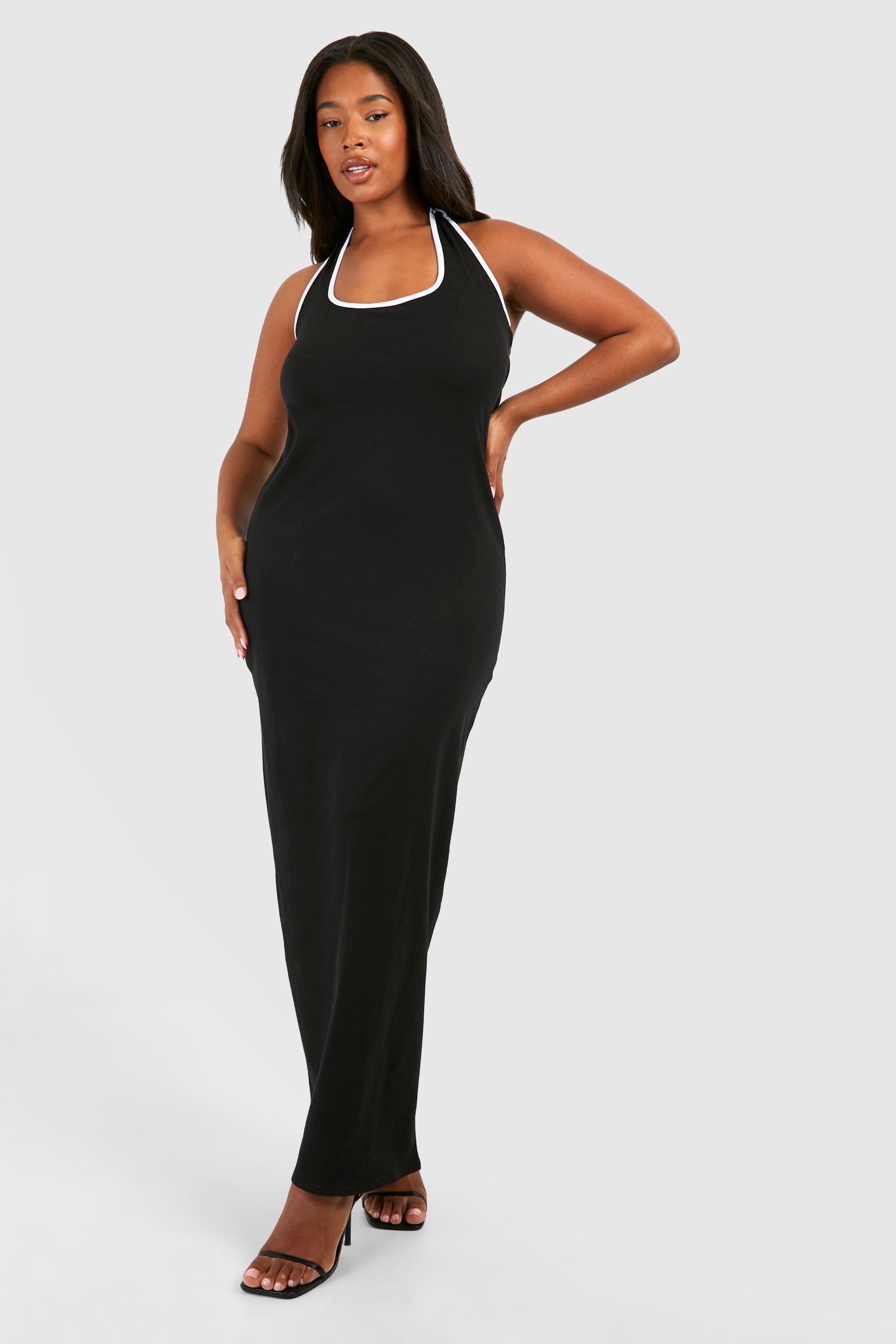 Boohoo Plus Cotton Elastance Halterneck Contrast Maxi Dress, Black