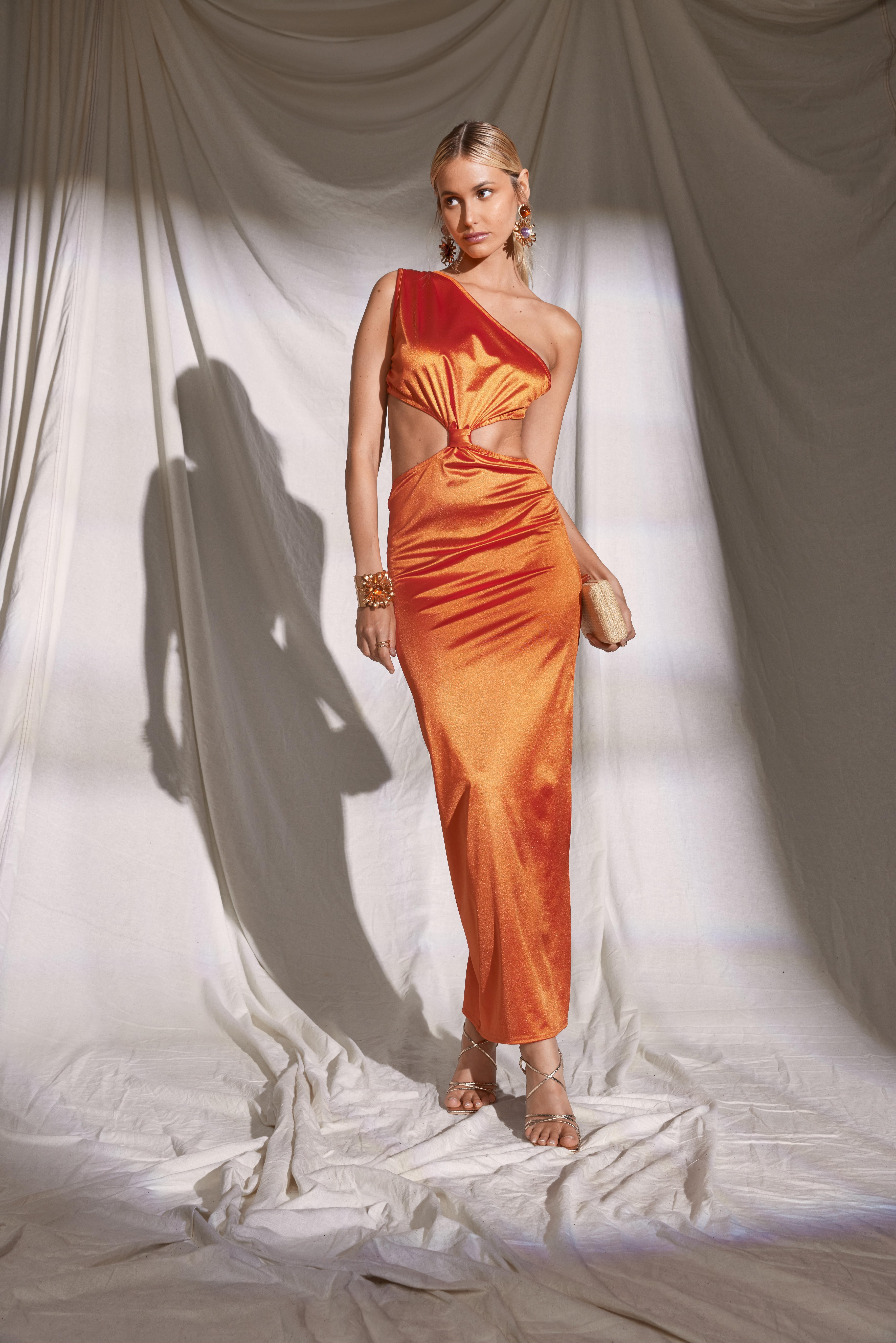 Boohoo Disco Slinky Cut Out Low Back Maxi Dress, Orange