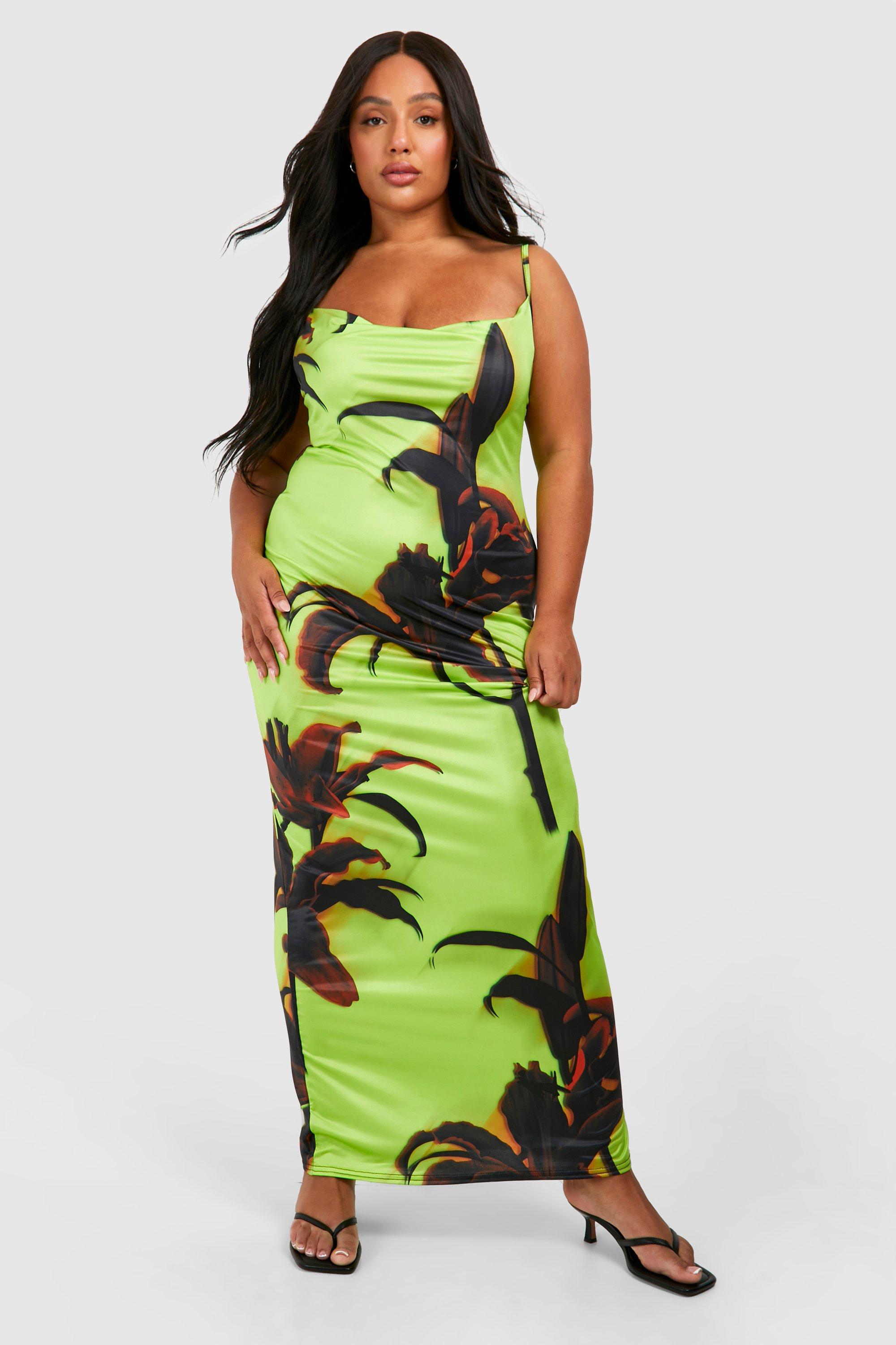Boohoo Plus Large Scale Floral Slinky Cowl Neck Maxi Dress, Lime