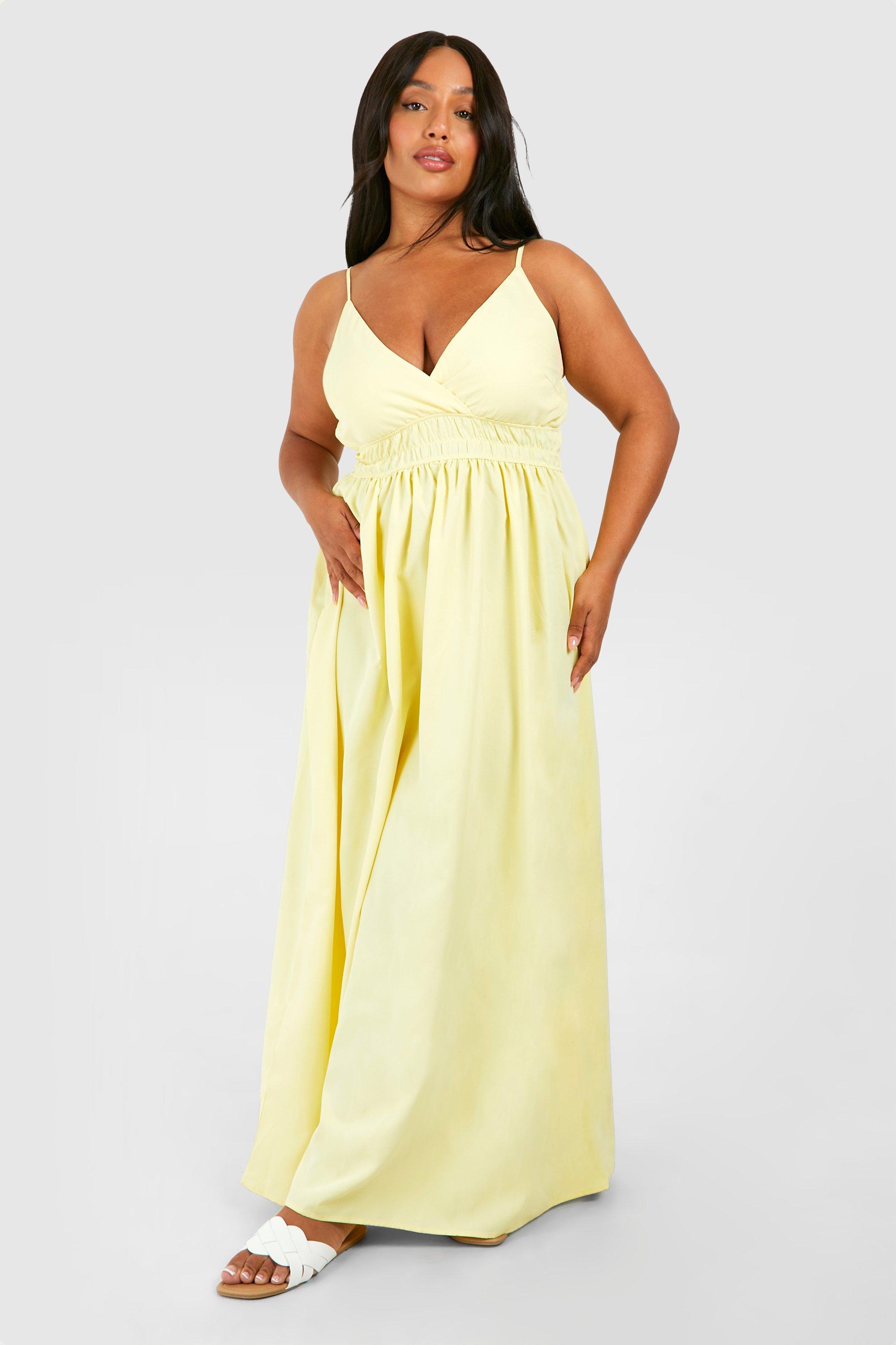 Boohoo Plus Woven Shirred Waist Maxi Dress, Lemon