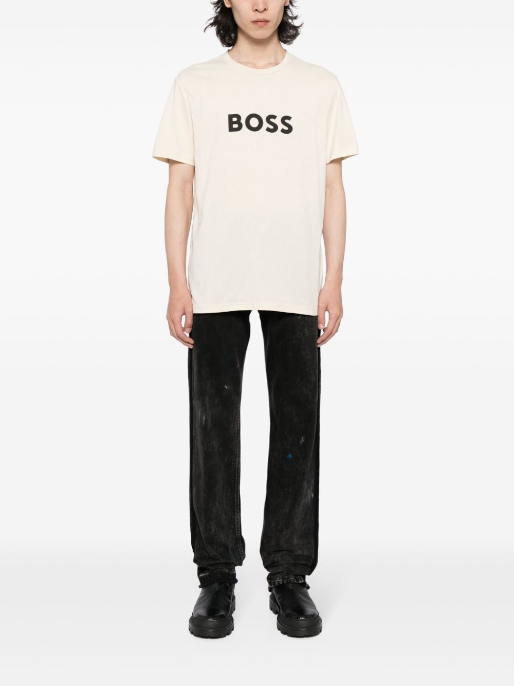 BOSS Katoenen T-shirt met logoprint - Beige