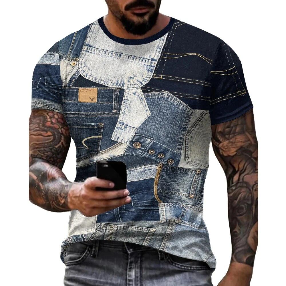 Bobby 2 Vintage T-Shirt For Men Patchwork Denim Graphic Tee 3D Printing Short Sleeve Casual T Shirt Oversized Men's Clothing Tops Summer