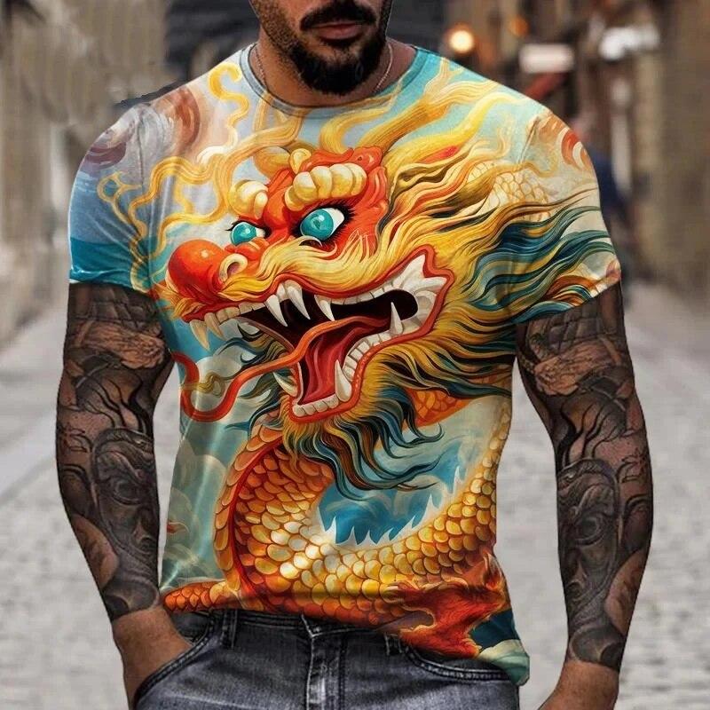 Cloth W Fashion New Men Chinese Dragon graphic t shirts Summer Casual Hip Hop Street Style Personality Printed O-neck Short Sleeve Tees