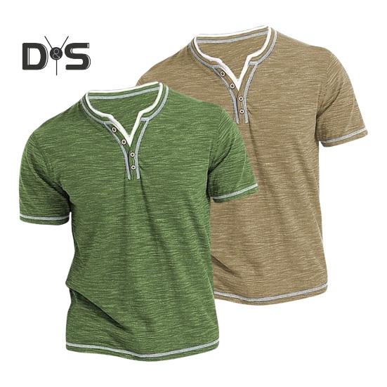 DYS Men Clothing Men Summer Top Button V Neck Short Sleeves Soft Breathable Contrast Color Striped Casual Pullover Mid Length Daily T-shirt