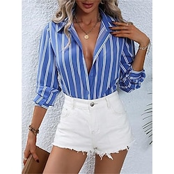 Light in the box Dames Overhemd Blouse Gestreept Dagelijks nappi Afdrukken Zwart Lange mouw Casual Overhemdkraag Lente zomer