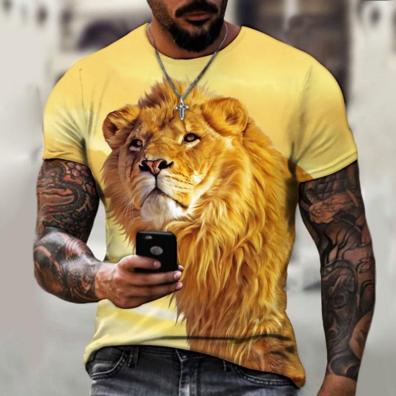 HerSight Men 3D Lion Print T Shirt Summer Faux Shirt Tee Lovers Clothing Man Animal O Neck Short Sleeve Loose Tops Breathable Couples Shirts