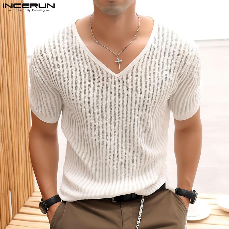 INCERUN Summer Men V Neck Striped Tops See Through Mesh T-Shirts