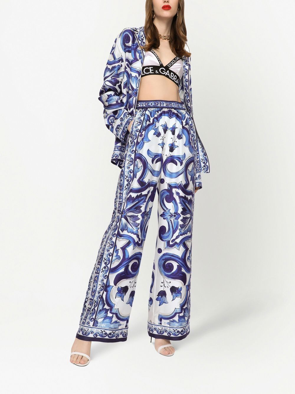 Dolce & Gabbana Zijden straight broek met Majolica-print - Blauw