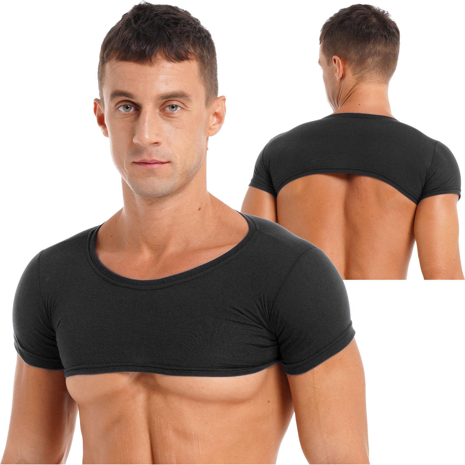 Fldy Men Crop Tops Workout Short Sleeve Round Neck Muscle Half Tank Top Vest T-Shirt Pullover