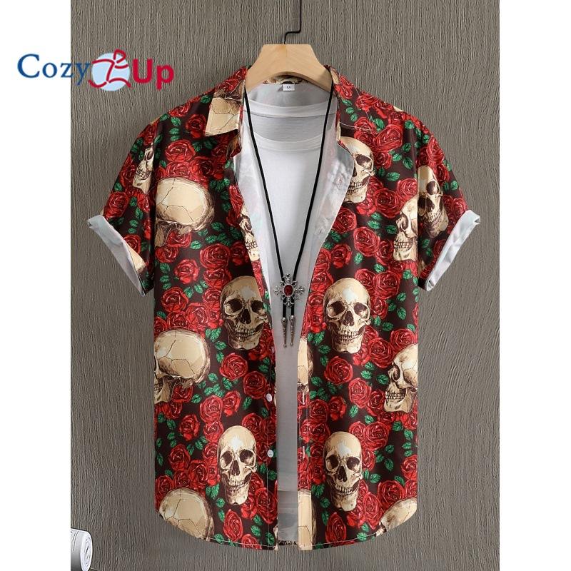 Cozy Up Men Short Sleeve Shirt Retro Summer Red Rose Skull Shirt for Men