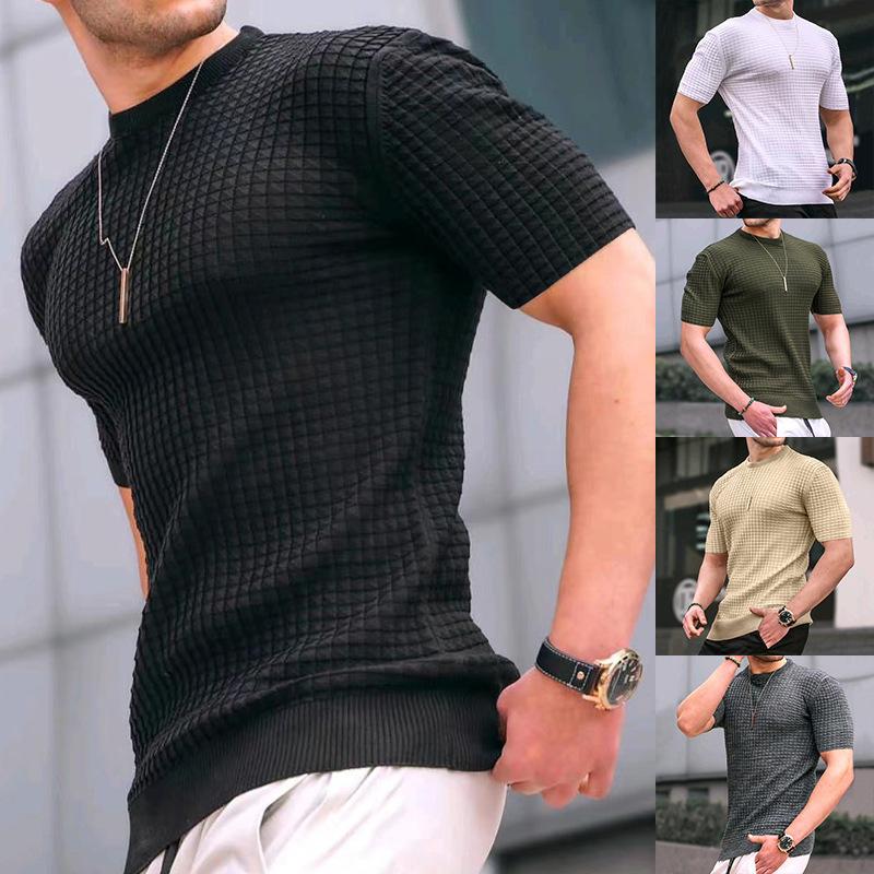 HerSight Spring Summer Men's Small Plaid T-shirt Solid Round Neck Short Sleeve Man Top