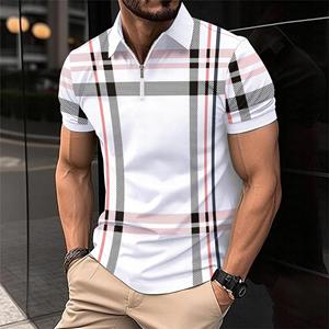 Womens blouse shirts Men's Shirt Polo Casual Zip Short Sleeve Fashion Casual Zipper Summer Spring Regular Fit 3D White Handsome Grid Print Shirt